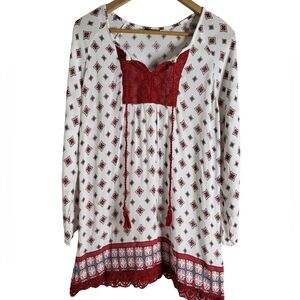 White and Red Long Sleeve Peasant Tunic with Lace Yoke